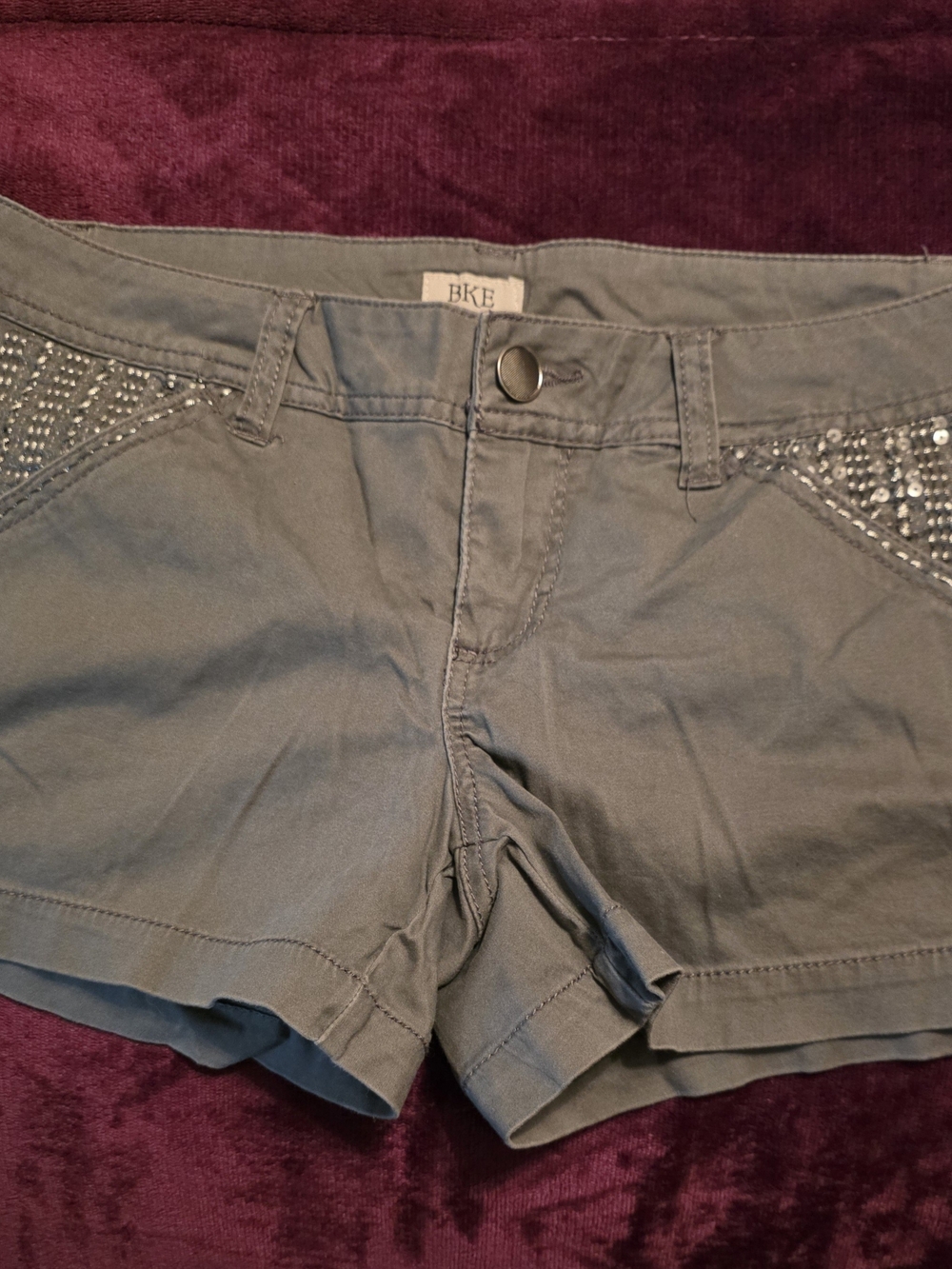 BKE Women's 29 Olive Green/Gray Sequin Embellished Utility Shorts Euc
